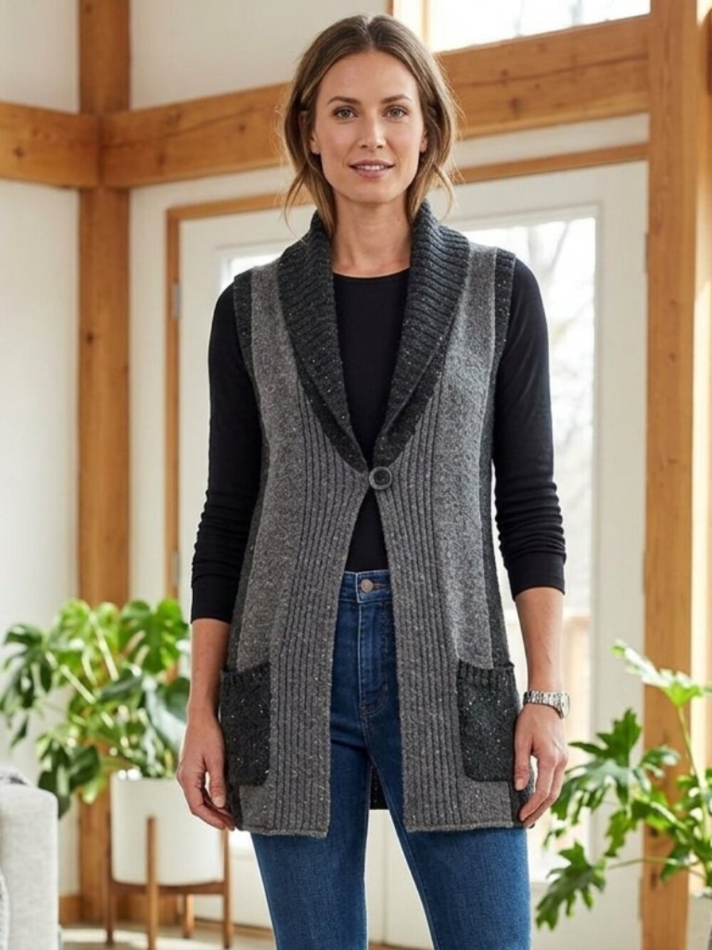 Maurices Women's Sz L Colorblock Gray Knit Shawl Collar Sweater Vest Cozy Warm